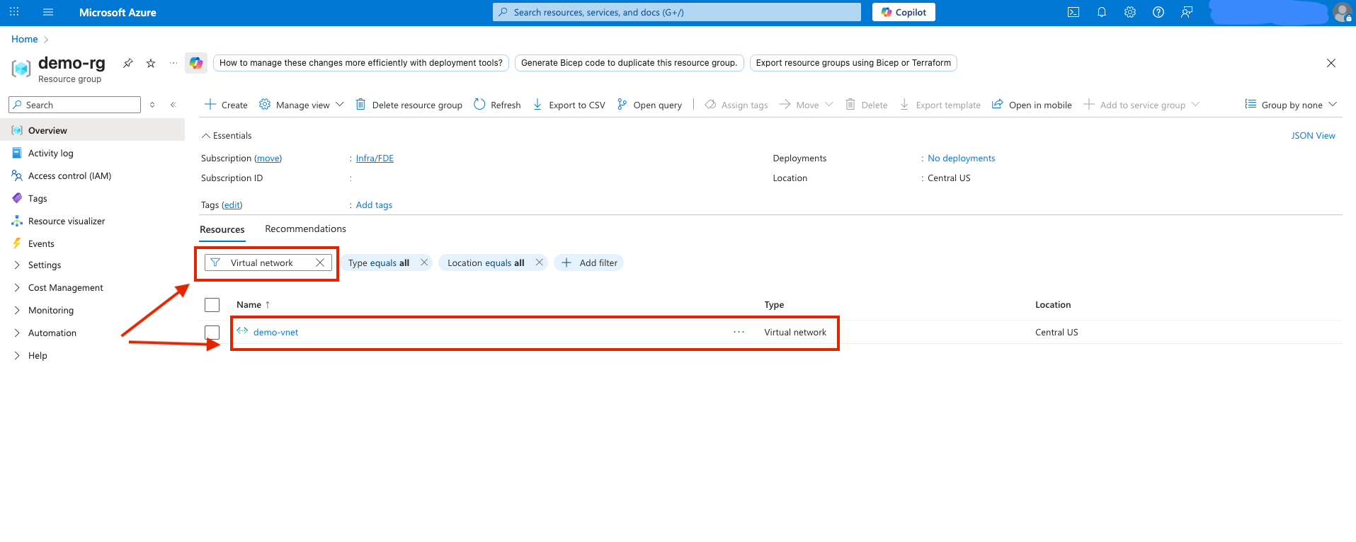 Screenshot of step 3: Search for VNet of self-hosted service Screenshot of step 3: Search for VNet of self-hosted service