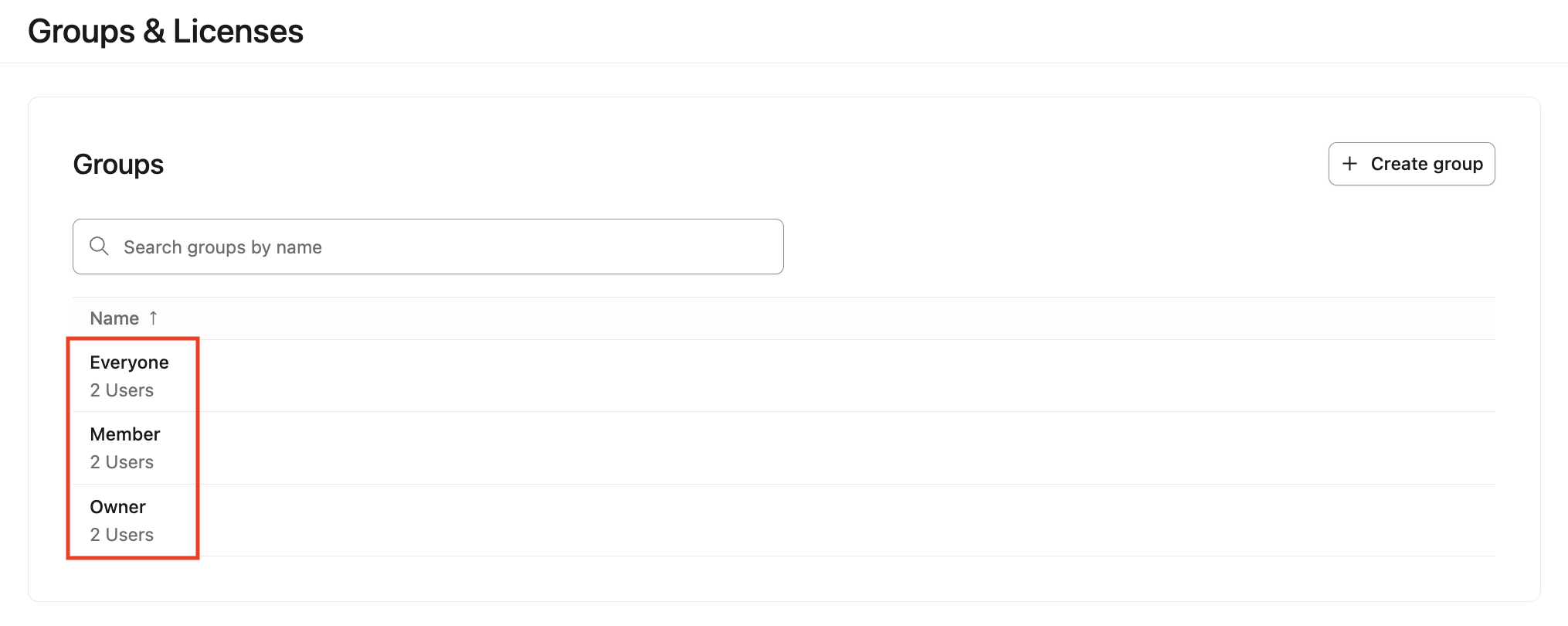 Groups & Licenses page in dbt with the default groups highlighted.